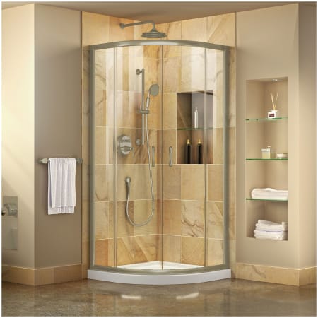 DreamLine Prime 74-3/4" High x 36" Wide x 36" Deep Sliding Framed Shower Enclosure with Clear Glass Brushed Nickel with White Base