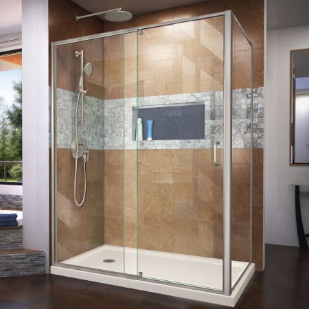 DreamLine Flex 36" D x 60" W x 74 3/4" H Semi Frameless Shower Enclosure with Left Drain Base Kit Brushed Nickel with Biscuit Base