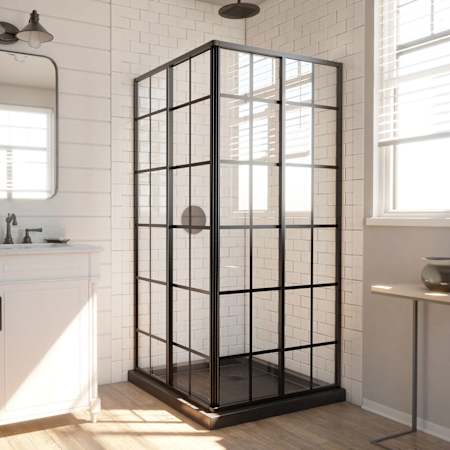 DreamLine French Corner 74-3/4" High x 42" Wide x 42" Deep Sliding Framed Shower Enclosure with Patterned Glass Matte Black