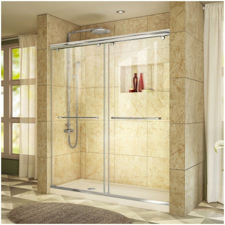 DreamLine Charisma 78-3/4" High x 60" Wide 32" Deep Sliding Frameless Shower Door with Clear Glass, SlimeLine Shower Base Kit, and Left Drain Chrome with Biscuit Base