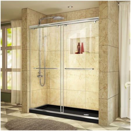 DreamLine Charisma 78-3/4" High x 60" Wide 36" Deep Sliding Frameless Shower Door with Clear Glass, SlimeLine Shower Base Kit, and Right Drain Chrome with Black Base