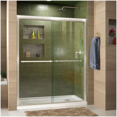 DreamLine Duet 74-3/4" High x 60" Wide 32" Deep Sliding Framed Shower Door with Clear Glass, SlimeLine Shower Base Kit, and Right Drain Brushed Nickel