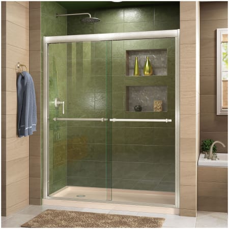 DreamLine Duet 74-3/4" High x 60" Wide 36" Deep Sliding Framed Shower Door with Clear Glass, SlimeLine Shower Base Kit, and Left Drain Brushed Nickel with Biscuit Base