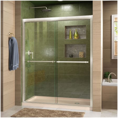 DreamLine Duet 74-3/4" High x 60" Wide 36" Deep Sliding Framed Shower Door with Clear Glass, SlimeLine Shower Base Kit, and Right Drain Brushed Nickel with Biscuit Base