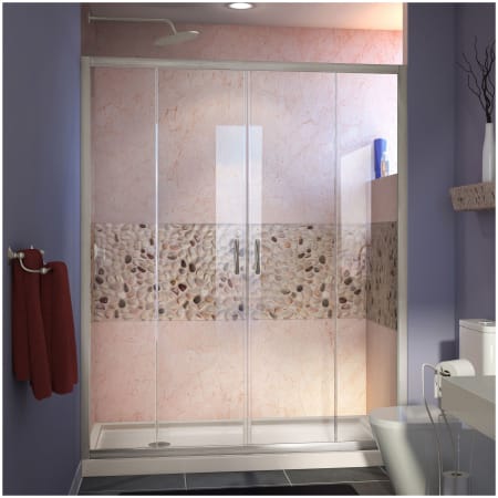 DreamLine Visions 74-3/4" High x 60" Wide 36" Deep Sliding Framed Shower Door with Clear Glass, SlimeLine Shower Base Kit, and Left Drain Brushed Nickel with Biscuit Base