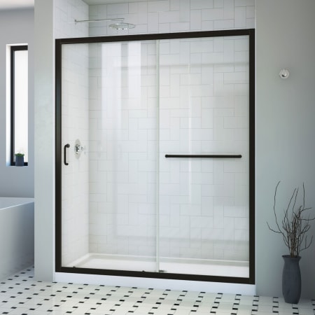DreamLine Infinity-Z 74-3/4" High x 60" Wide x 30" Deep Alcove Shower Module with Clear Sliding Shower Door, and Center Drain Base Matte Black