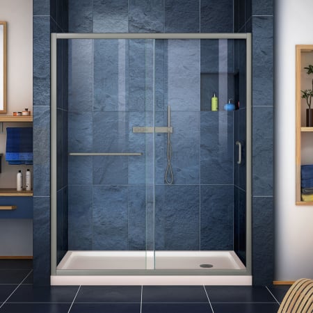 DreamLine Infinity-Z 74-3/4" High x 60" Wide 30" Deep Sliding Framed Shower Door with Clear Glass, SlimeLine Shower Base Kit, and Center Drain Brushed Nickel with Biscuit Base