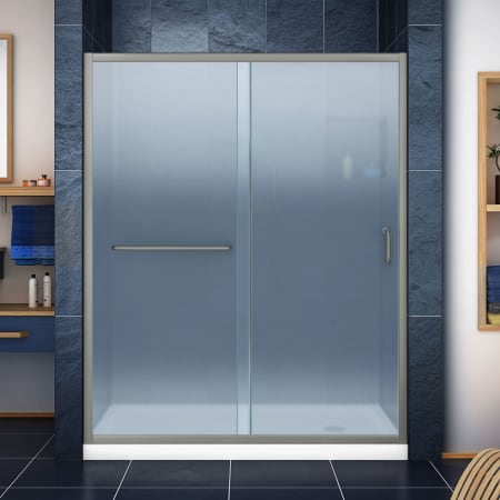 DreamLine Infinity-Z 74-3/4" High x 60" Wide 32" Deep Sliding Framed Shower Door with Frosted Glass, SlimeLine Shower Base Kit, and Right Drain Brushed Nickel