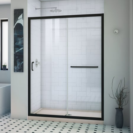 DreamLine Infinity-Z 74-3/4" High x 54" Wide x 32" Deep Alcove Shower Module with Clear Sliding Shower Door, and Center Drain Base Matte Black
