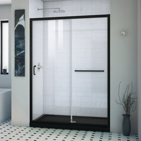 DreamLine Infinity-Z 74-3/4" High x 54" Wide x 32" Deep Alcove Shower Module with Clear Sliding Shower Door, and Center Drain Base Matte Black