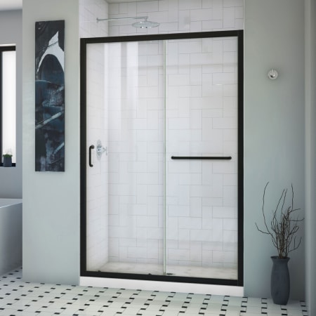 DreamLine Infinity-Z 74-3/4" High x 48" Wide x 36" Deep Alcove Shower Module with Clear Sliding Shower Door, and Center Drain Base Matte Black