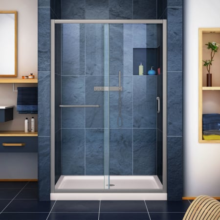 DreamLine Infinity-Z 36" D x 48" W x 74 3/4" H Sliding Shower Door and SlimLine Shower Base Kit, Clear Glass Brushed Nickel with Biscuit Base