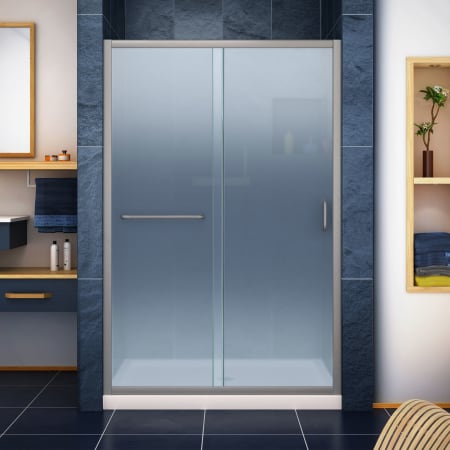 DreamLine Infinity-Z 36" D x 48" W x 74 3/4" H Sliding Shower Door and SlimLine Shower Base Kit, Frosted Glass Brushed Nickel with Biscuit Base