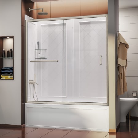 DreamLine Infinity-Z 60" High x 56" Wide Alcove Shower Module with Clear Sliding Tub Door, and Acrylic Backwall Kit Brushed Nickel