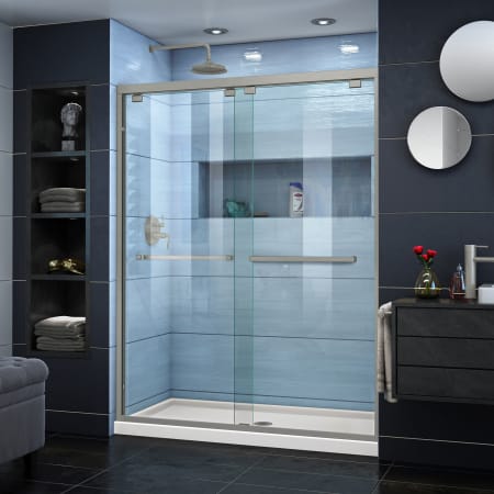 DreamLine Encore 30" D x 60" W x 78 3/4" H Semi-Frameless Bypass Sliding Shower Door and SlimLine Shower Base Kit Brushed Nickel with Biscuit Base