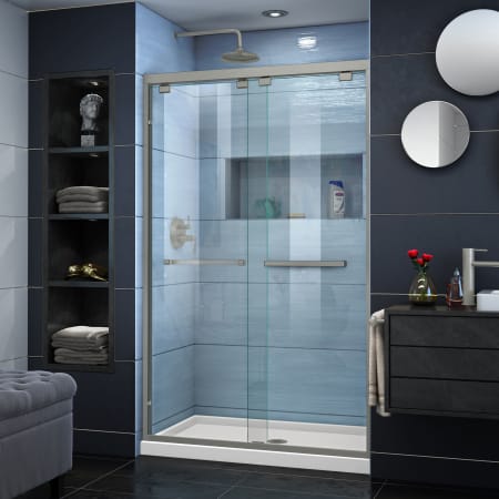 DreamLine Encore 32" D x 48" W x 78 3/4" H Semi-Frameless Bypass Sliding Shower Door and SlimLine Shower Base Kit Brushed Nickel with Biscuit Base