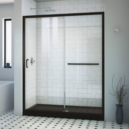 DreamLine Infinity-Z 74-3/4" High x 60" Wide x 30" Deep Alcove Shower Module with Clear Sliding Shower Door, and Center Drain Base Matte Black