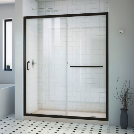 DreamLine Infinity-Z 74-3/4" High x 60" Wide x 30" Deep Alcove Shower Module with Clear Sliding Shower Door, and Right Drain Base Matte Black