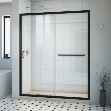 DreamLine Infinity-Z 74-3/4" High x 60" Wide x 36" Deep Alcove Shower Module with Clear Sliding Shower Door, and Left Drain Base Matte Black