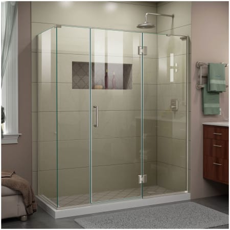 DreamLine Unidoor-X 72" High x 64" Wide x 34-3/8" Deep Hinged Frameless Shower Enclosure with Clear Glass and Right Hinge Brushed Nickel
