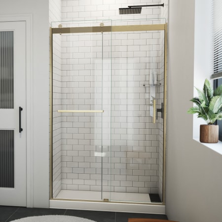 DreamLine Sapphire-V 76" High x 48" Wide Bypass Semi Frameless Shower Door with Clear Glass Brushed Gold