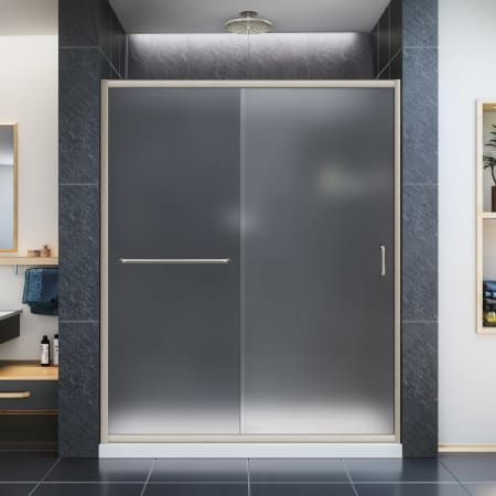 DreamLine Infinity-Z 56-60" W x 72" H Frameless Sliding Shower Door, Frosted Glass Brushed Nickel