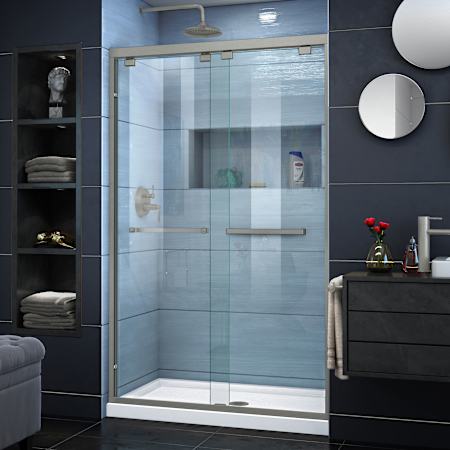 DreamLine Encore 76" High x 48" Wide Bypass Semi Frameless Shower Door with Clear Glass Brushed Nickel