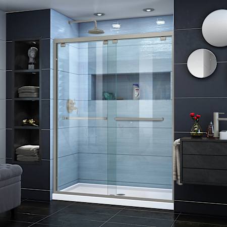 DreamLine Encore 76" High x 54" Wide Bypass Semi Frameless Shower Door with Clear Glass Brushed Nickel