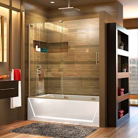DreamLine Mirage-X 56" - 60" W x 58" H Sliding Frameless Tub Door with Clear Glass and Fixed Left Panel Brushed Nickel