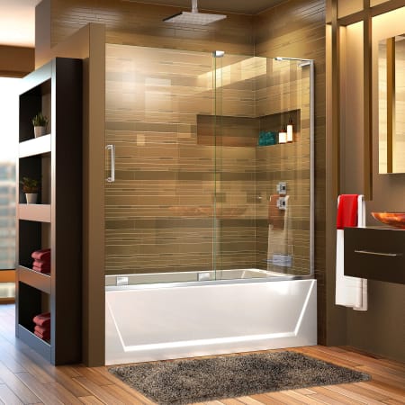 DreamLine Mirage-X 60" W x 58" H Right-Wall Sliding Frameless Tub Door with Clear Glass and Fixed Right Panel Chrome