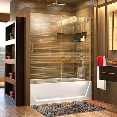 DreamLine Mirage-X 60" W x 58" H Right-Wall Sliding Frameless Tub Door with Clear Glass and Fixed Right Panel Brushed Nickel