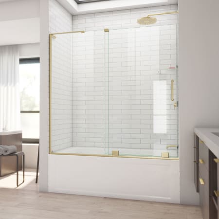 DreamLine Mirage-X 60" W x 58" H Right-Wall Sliding Frameless Tub Door with Clear Glass and Fixed Right Panel Brushed Gold