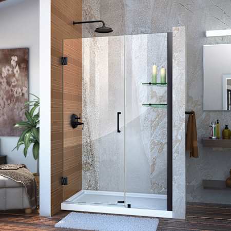 DreamLine Unidoor 72" High x 47" Wide Hinged Frameless Shower Door with Clear Glass Matte Black
