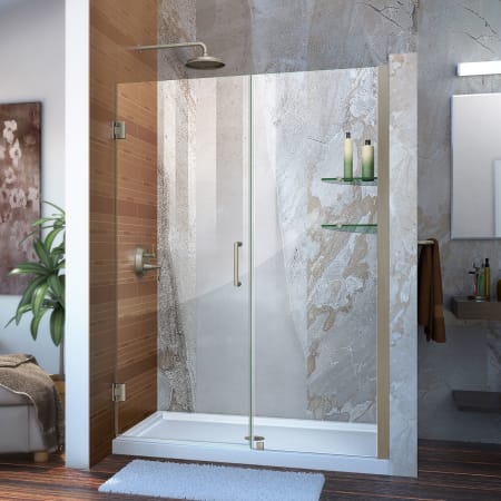 DreamLine Unidoor 72" High x 54" Wide Hinged Frameless Shower Door with Clear Glass - Includes 2 Shelves Brushed Nickel