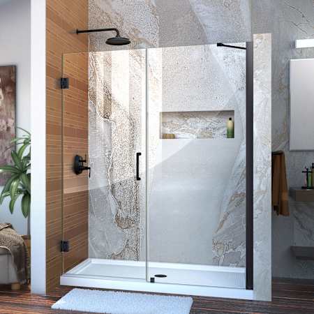 DreamLine Unidoor 72" High x 58" Wide Hinged Frameless Shower Door with Clear Glass - Includes Stabilizing Arm Matte Black