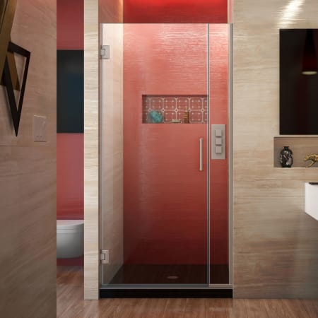 DreamLine Unidoor Plus 72" High x 34-1/2" Wide Hinged Frameless Shower Door with Clear Glass Brushed Nickel