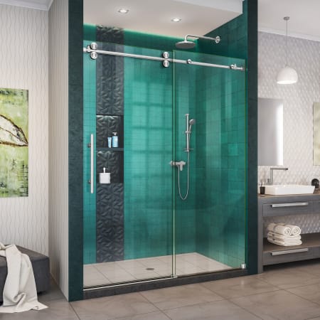 DreamLine Enigma-XO 76" High x 54" Wide Sliding Frameless Shower Door with Clear Glass Brushed Stainless Steel