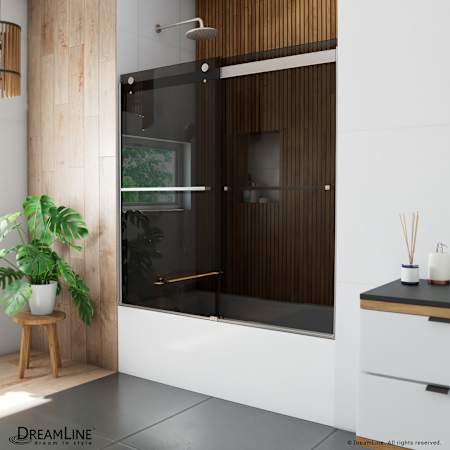 DreamLine Sapphire 60" High x 60" Wide Bypass Frameless Tub Door with Tinted Glass Brushed Nickel