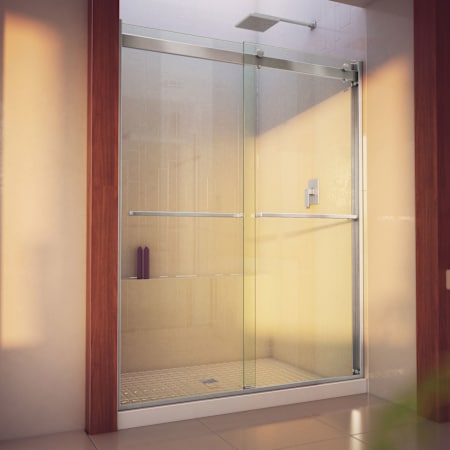 DreamLine Essence-H 76" High x 60" Wide Bypass Semi Frameless Shower Door with Clear Glass Brushed Nickel