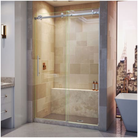 DreamLine Enigma Air 76" High x 48" Wide Sliding Frameless Shower Door with Clear Glass Brushed Stainless Steel