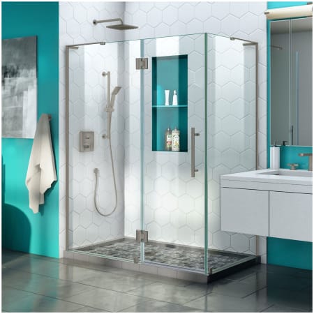 DreamLine Quatra Plus 72" High x 58-3/8" Wide x 34-1/8" Deep Hinged Frameless Shower Enclosure with Clear Glass Brushed Nickel
