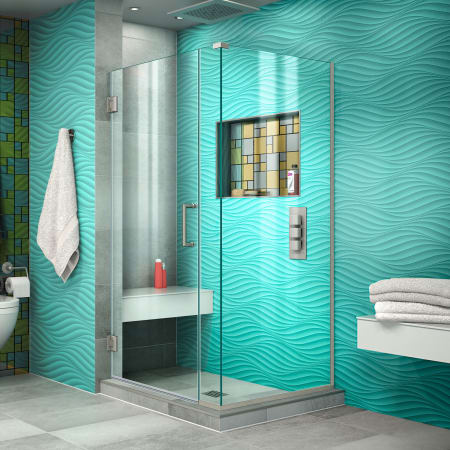 DreamLine Unidoor Plus 29 in. W x 34 3/8 in. D x 72 in. H Hinged Shower Enclosure Brushed Nickel