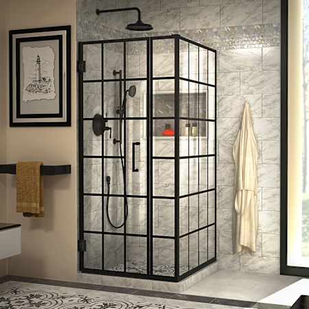 DreamLine Unidoor Toulon 72" High x 33-7/8" Wide x 34-3/8" Deep Hinged Frameless Shower Enclosure with Clear Glass Matte Black