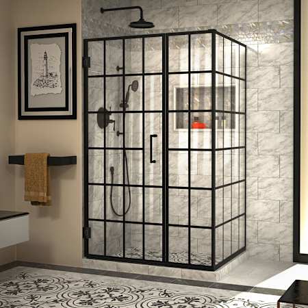 DreamLine Unidoor Toulon 72" High x 45-7/8" Wide x 34-3/8" Deep Hinged Frameless Shower Enclosure with Clear Glass Matte Black