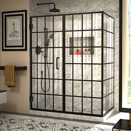 DreamLine Unidoor Toulon 72" High x 57-7/8" Wide x 34-3/8" Deep Hinged Frameless Shower Enclosure with Clear Glass Matte Black