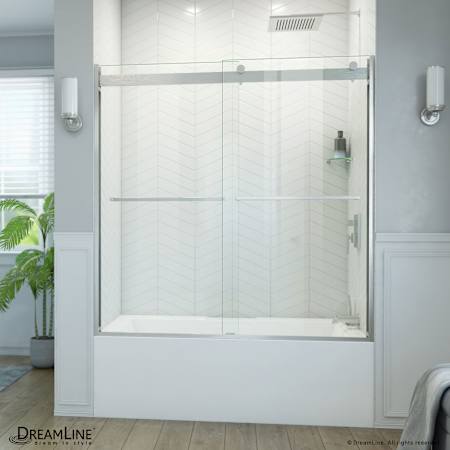 DreamLine Essence-H 60" High x 56, 57, 58, 59, 60" Wide Bypass Semi Frameless Tub Door Brushed Nickel