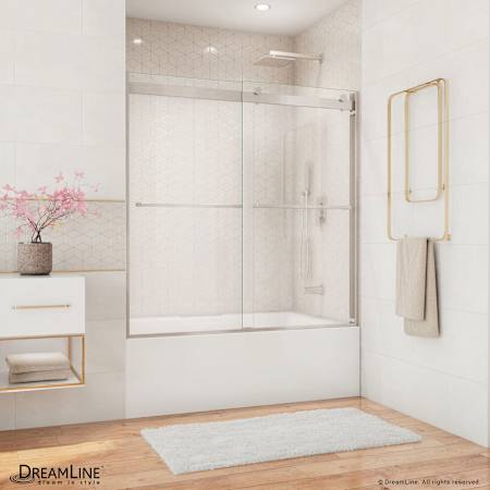 DreamLine Essence 60" High x 56, 57, 58, 59, 60" Wide Bypass Frameless Tub Door Brushed Nickel
