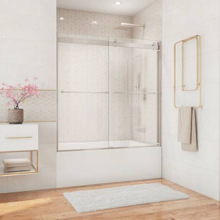 DreamLine Essence 60" High x 56, 57, 58, 59, 60" Wide Bypass Frameless Tub Door Brushed Nickel