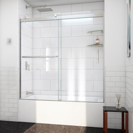 DreamLine Sapphire-V 62" High x 60" Wide Bypass Semi Frameless Tub Door with Clear Glass Brushed Nickel