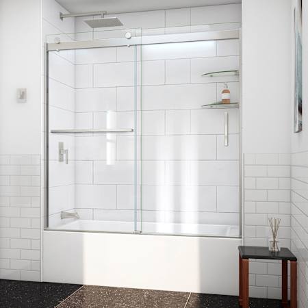 DreamLine Sapphire-V 62" High x 60" Wide Bypass Semi Frameless Tub Door with Clear Glass Brushed Nickel